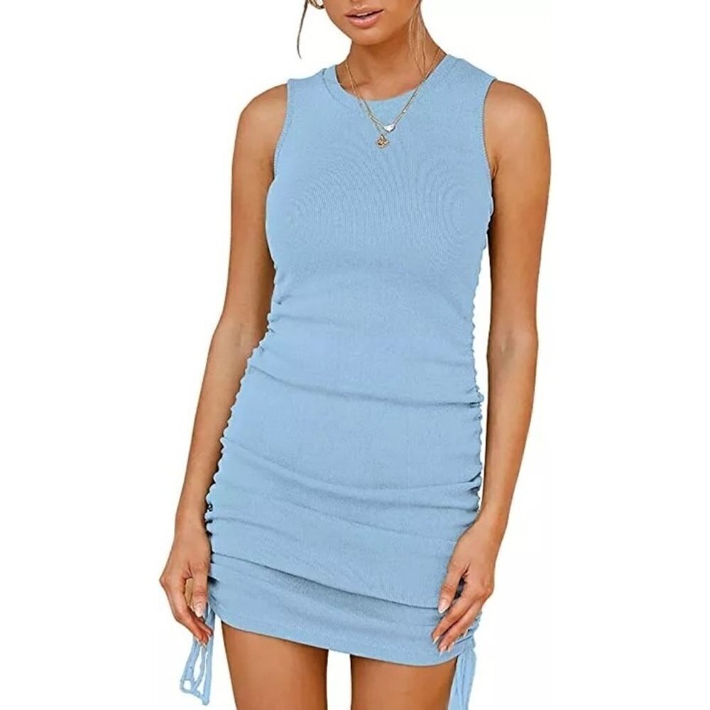 Boutique BTFBM Blue‎ Ribbed Ruched Side Bodycon Mini Dress S